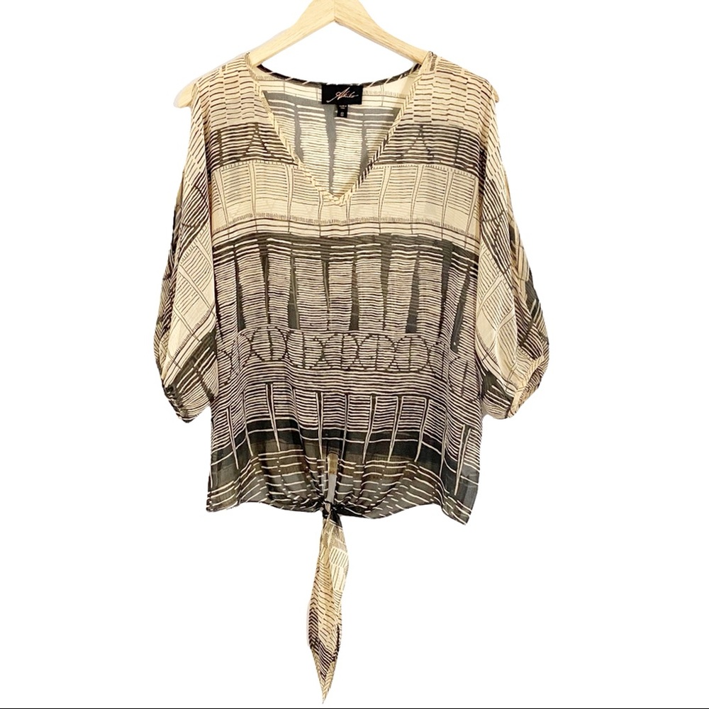 Akiko Sheer Tie Front Stripes & Geometric Print Cold Shoulder Blouse,Size Small